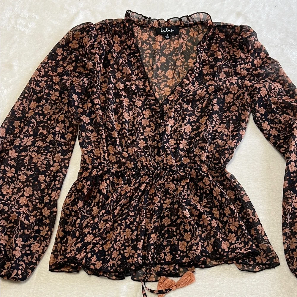 Lulu's She’s The Sweetest Black and Brown Floral Long Sleeve Sheer Blouse Size S - Picture 6 of 12